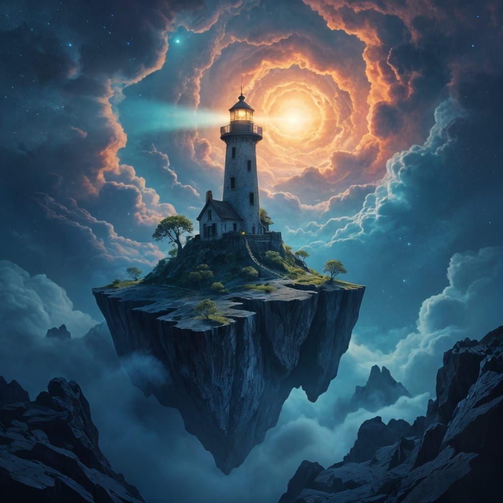 Cosmic Lighthouse on Floating Island in Nebula