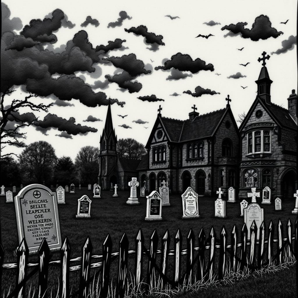 Gothic Cemetery Landscape in Embroidered Style