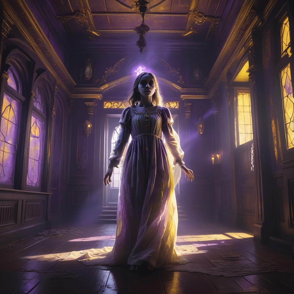 Ghostly Girl in Haunted House: Dark Fantasy Art