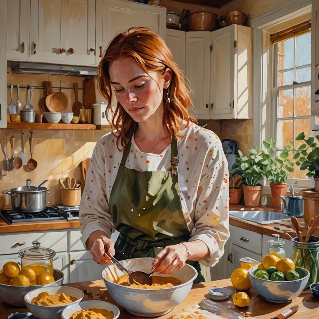 Cozy Kitchen Portrait in Gouache Impressionism