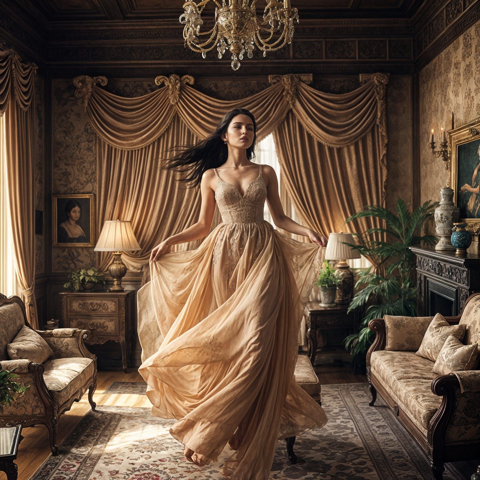 Hyperrealistic Woman Floating in Detailed Living Room