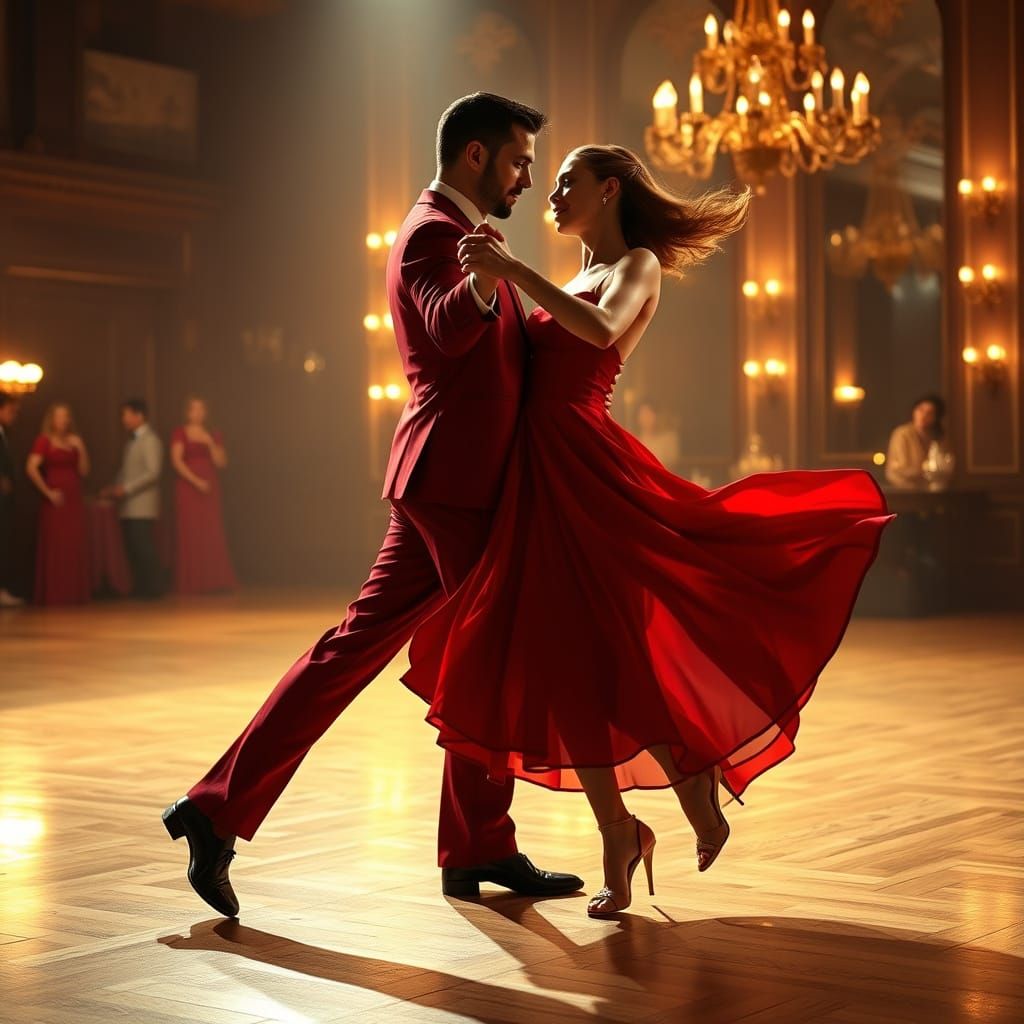 Sophisticated Tango Dancers in Red Attire, Vintage Ballroom ...