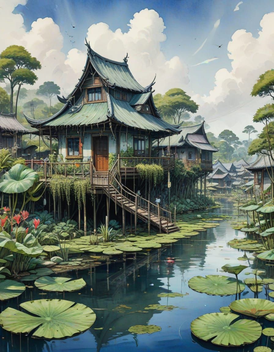 Fantasy Village on Lily Pads in Watercolor and Ink