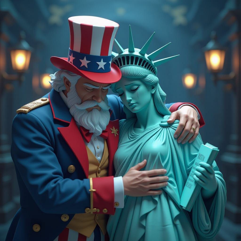 Distraught Uncle Sam and Weeping Statue of Liberty