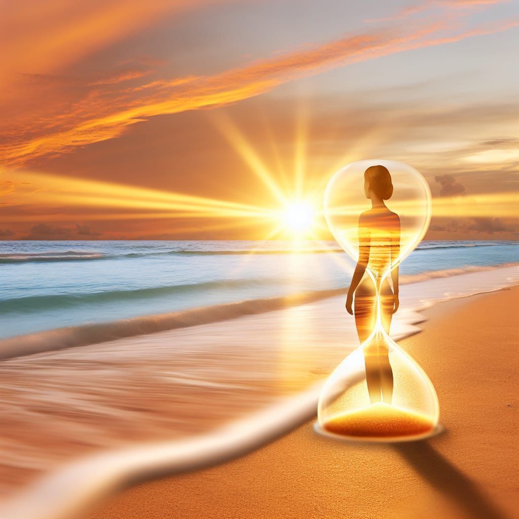 Golden Sunset Beach Scene with Hourglass Sky