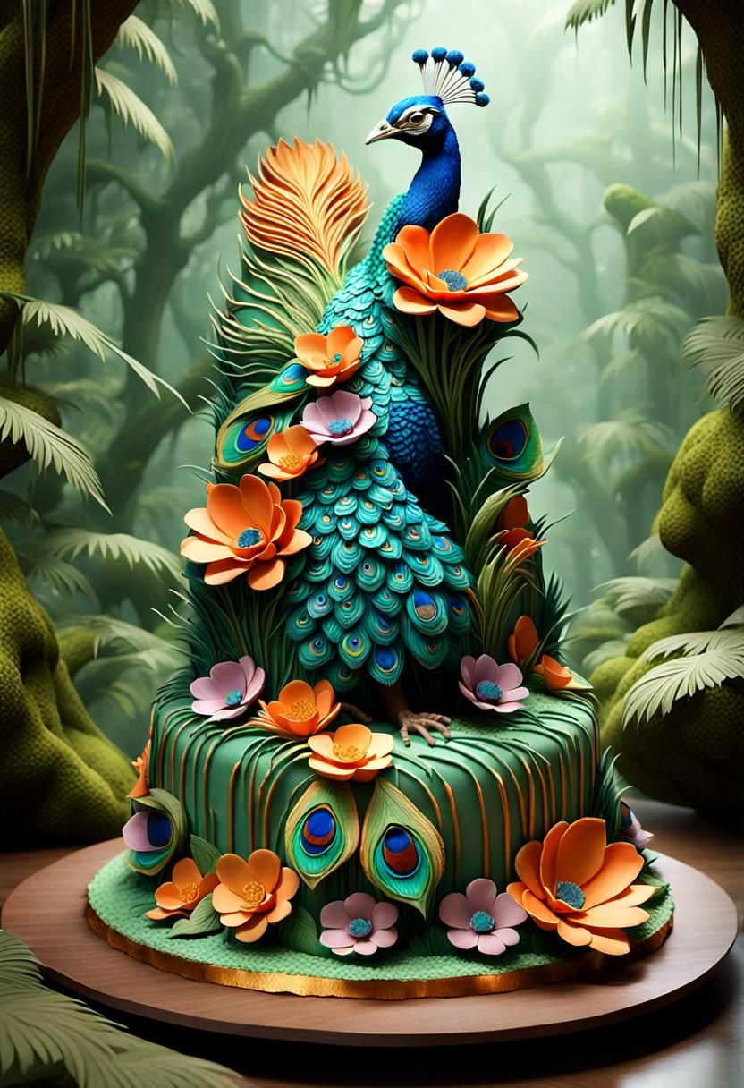 Exotic Peacock Cake with Flora and Fauna