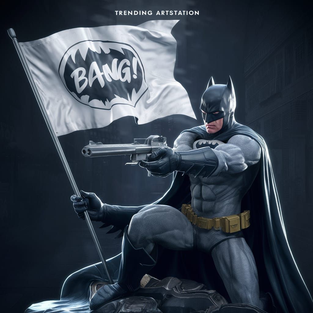Batman with 'Bang!' Flag Gun in 3D Rendering