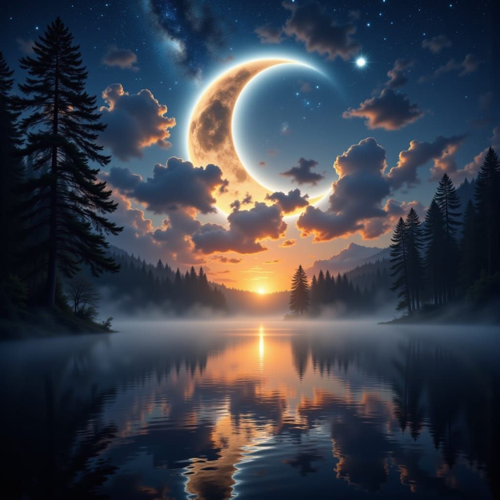 Double Exposure Moon and Eclipse Landscape