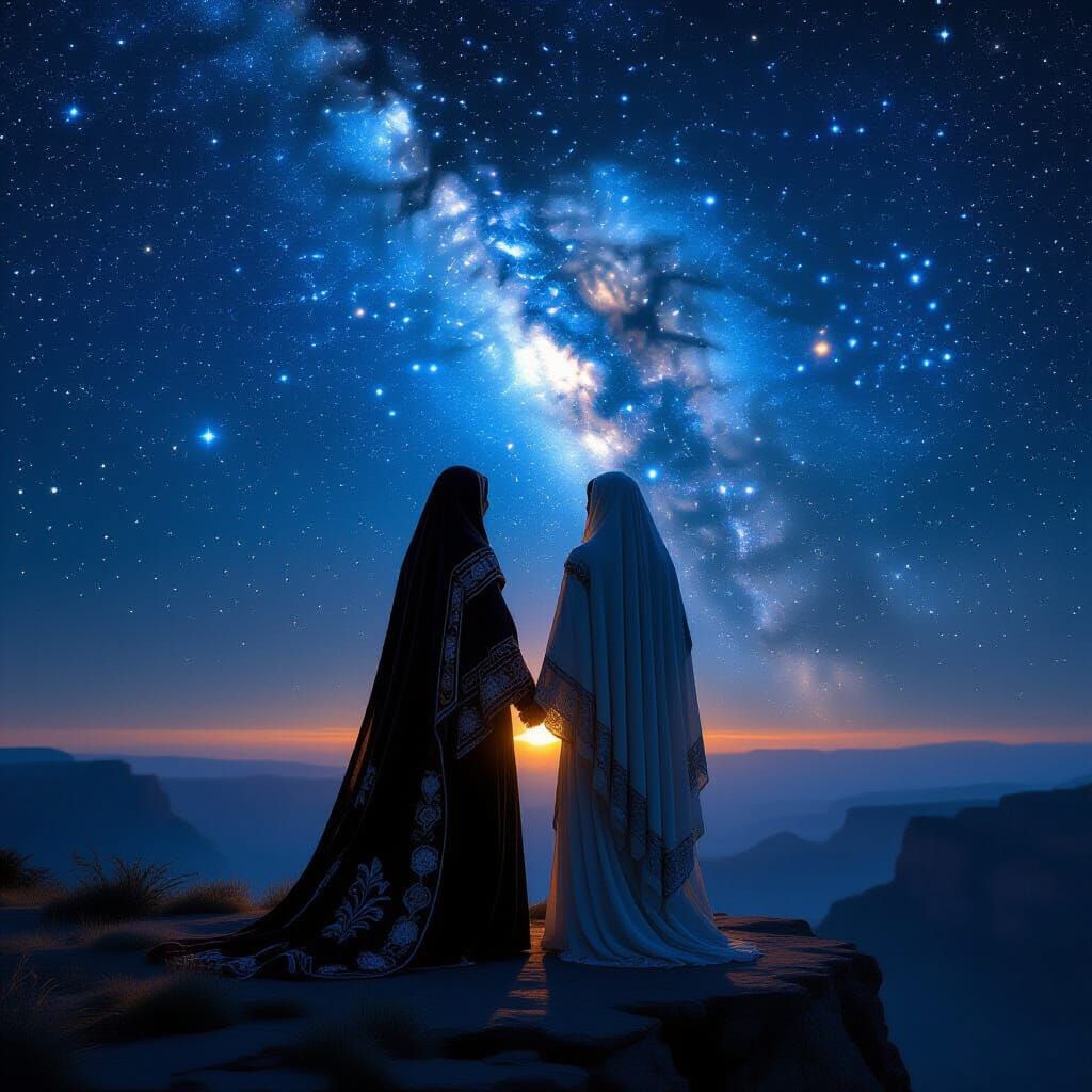 Mythic Figures Under Starry Sky in Surrealist Style