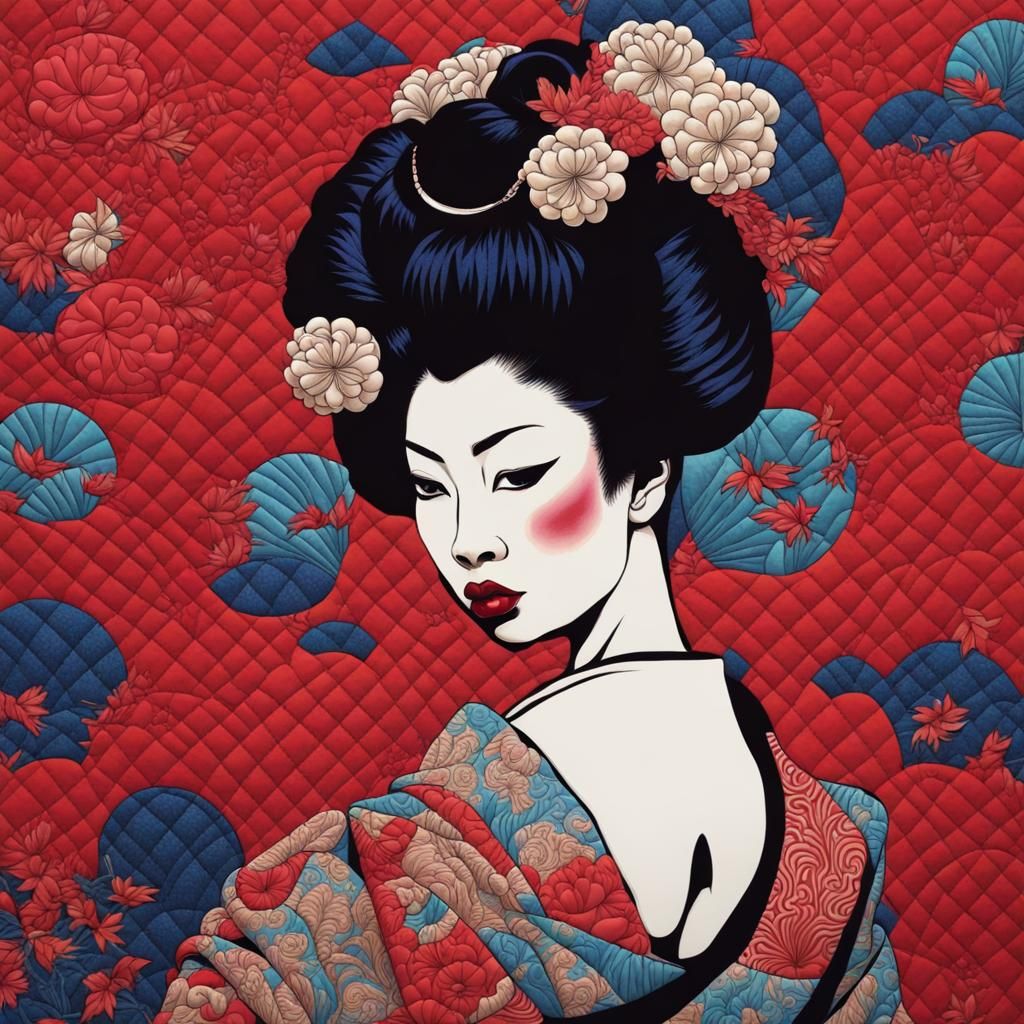 Geisha Portrait in Quilted Textile Art Style