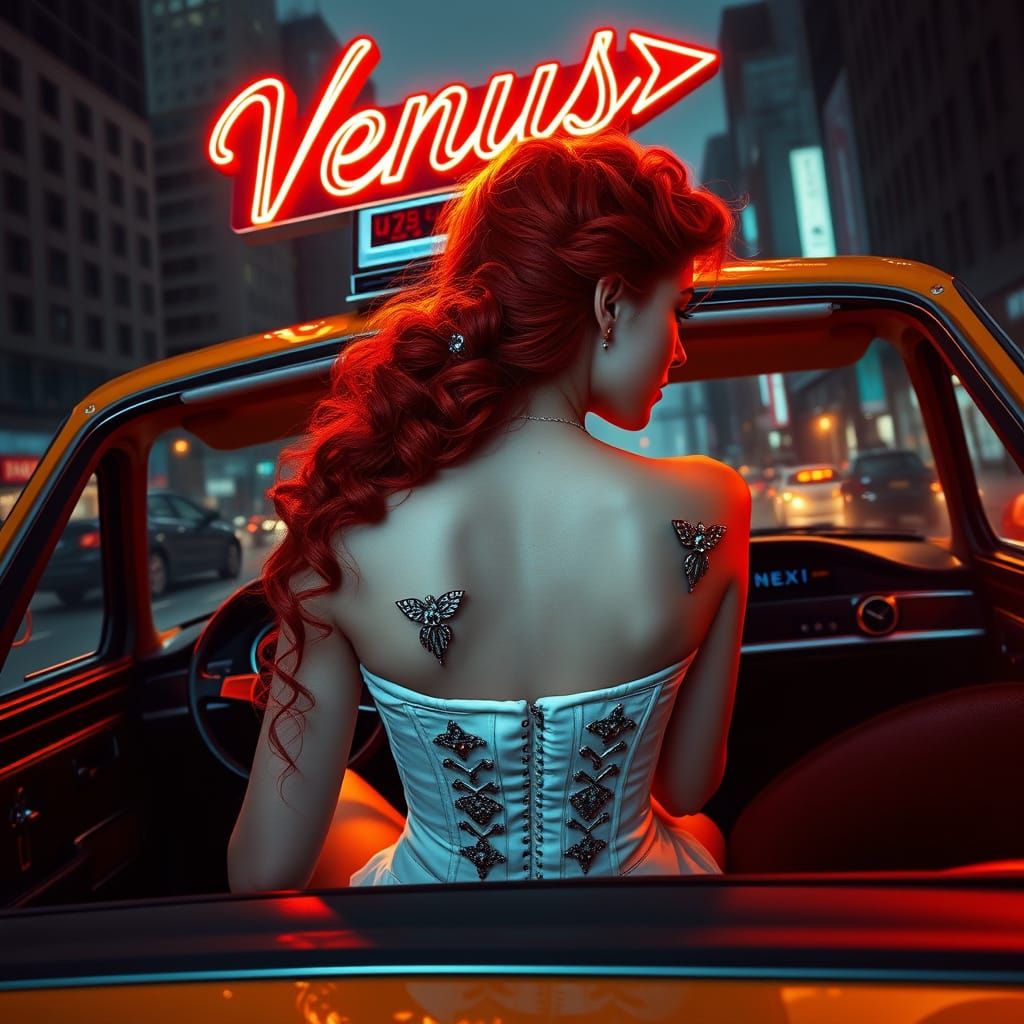 Redhead Girl in Retro-Futuristic Taxi on a Rainy Night