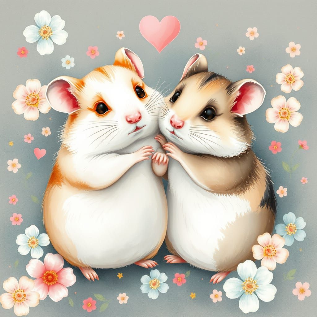 Hamsters in Love: Whimsical Watercolor Illustration