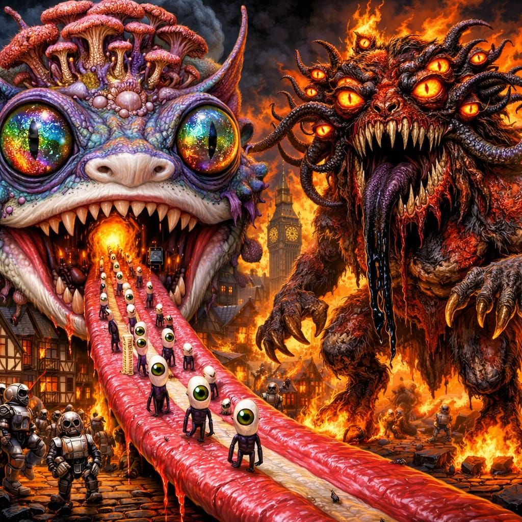 Bizarre Fungaloid Alien Shark Head in Cyberpunk Metropolis