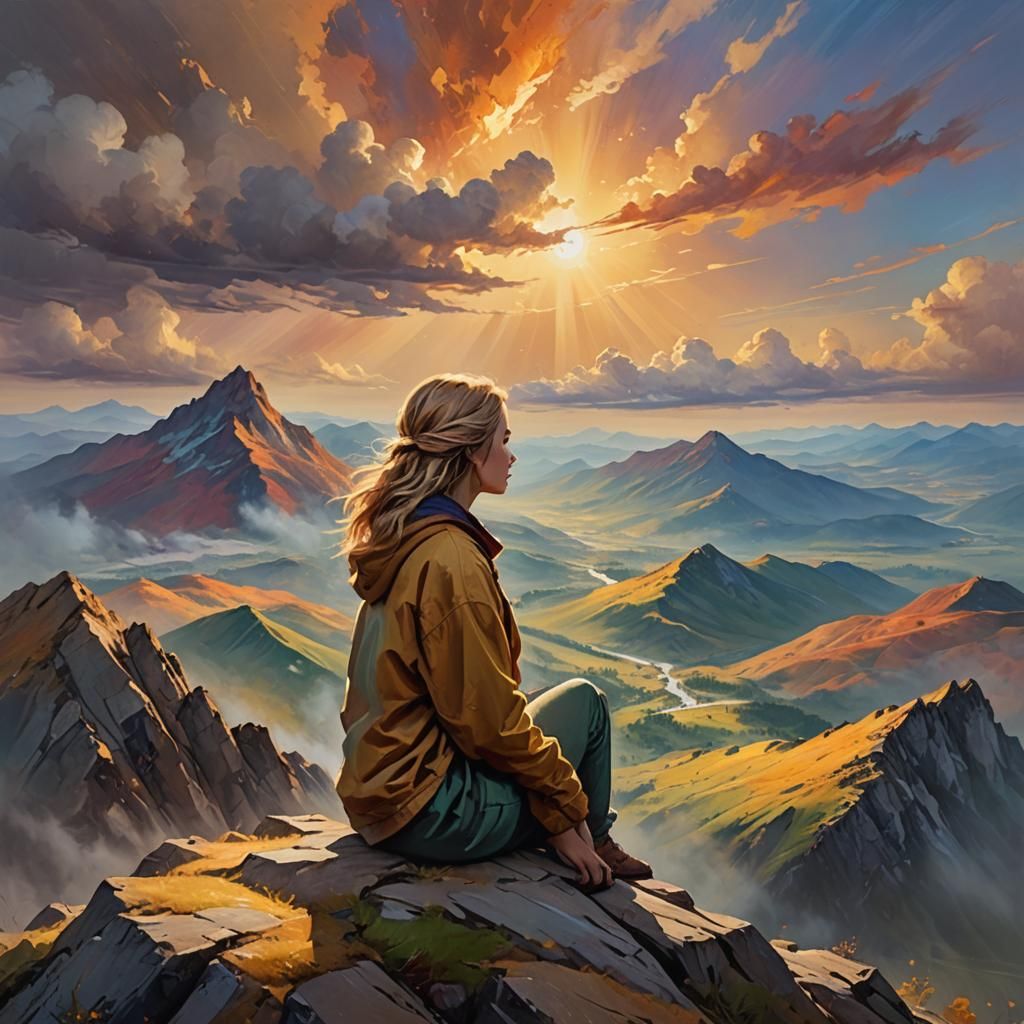 Woman on Mountain Peak in Oil Painting Style