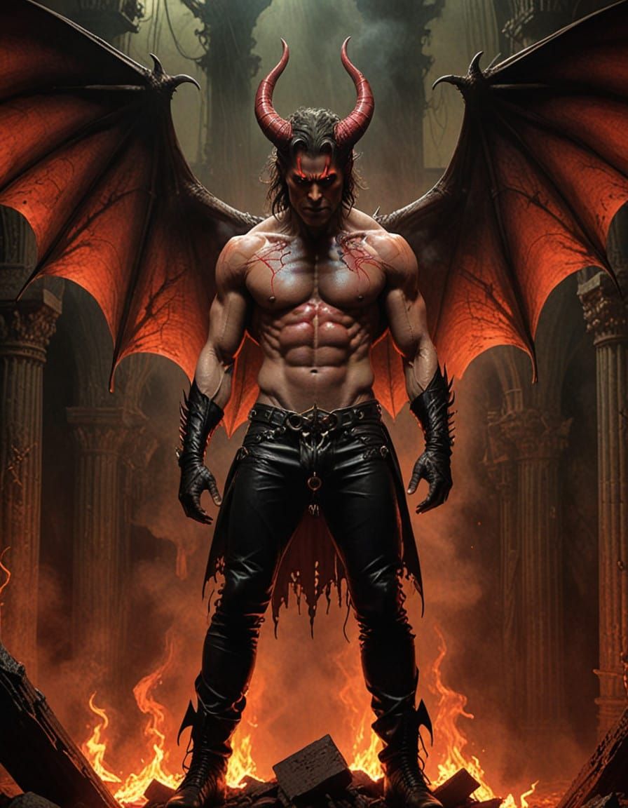 Demonic Figure in Fiery Pit with Dark Biomechanical Underton...