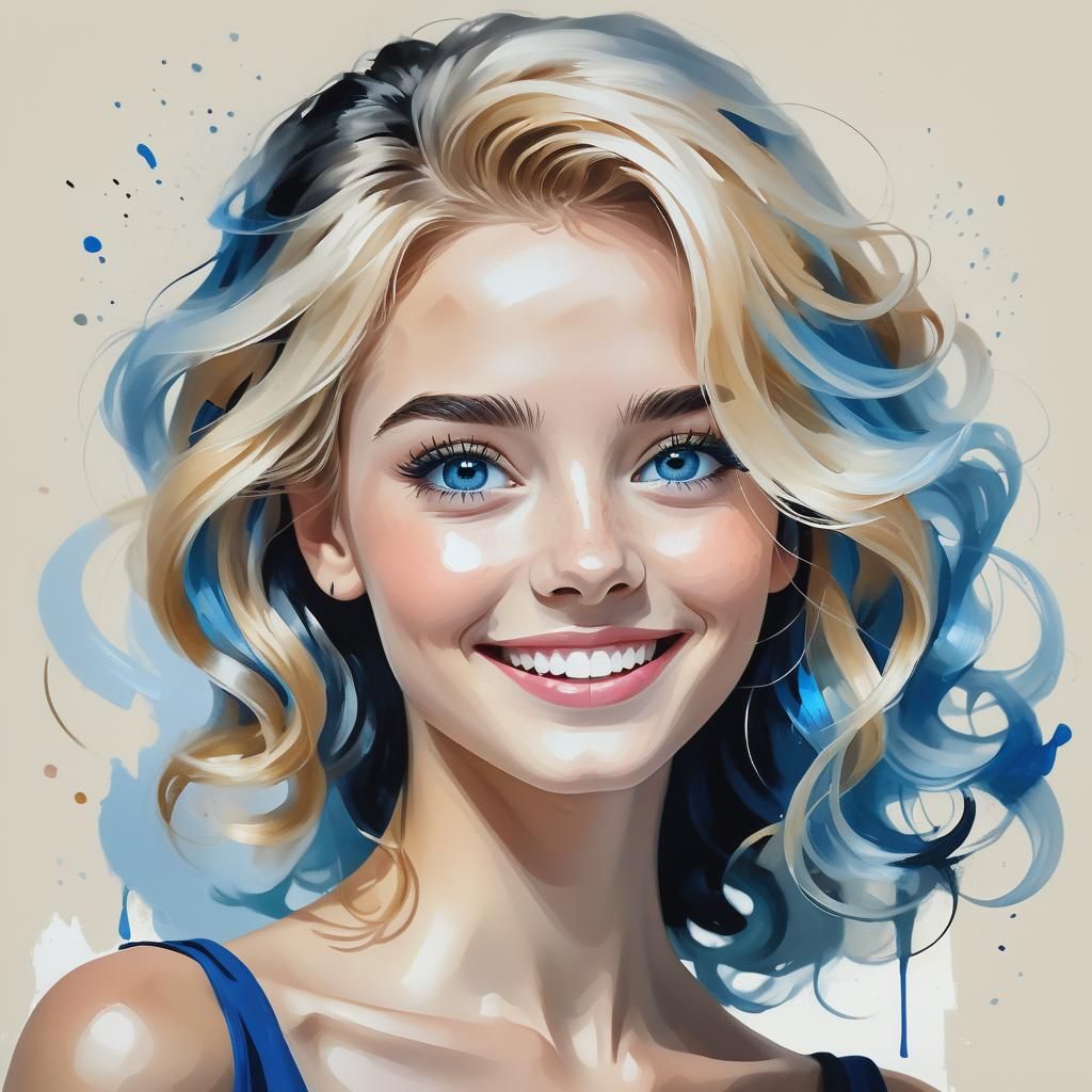 Blonde Woman Portrait with Smiling Expression in Oil Paintin...