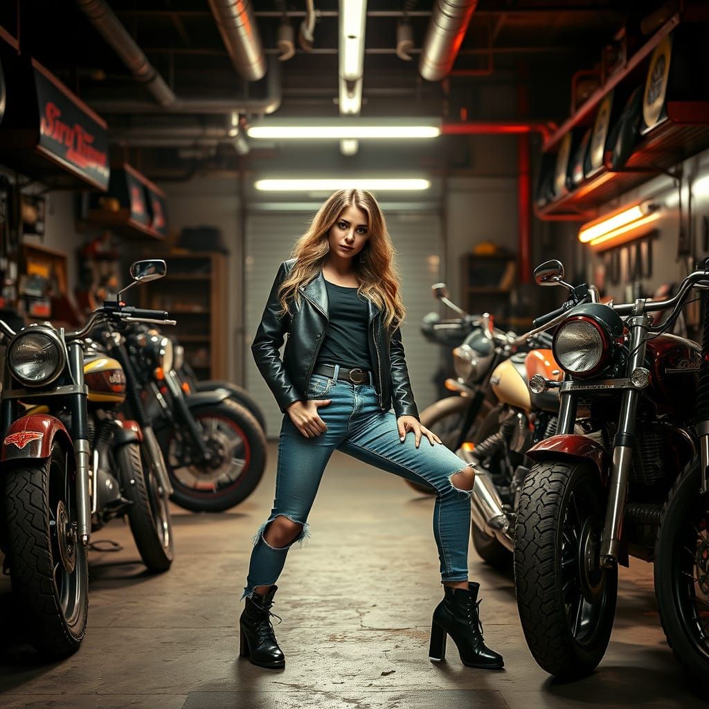 Woman in Garage with Motorcycles, Syd Mead Style