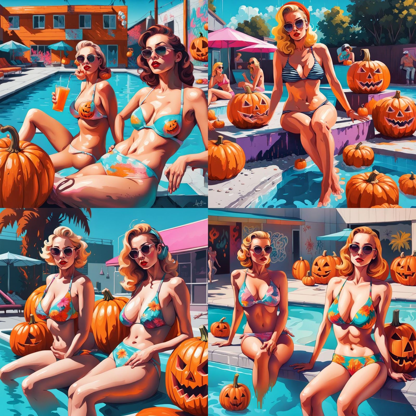 Retro Women's Pool Party in Graffiti Art Style