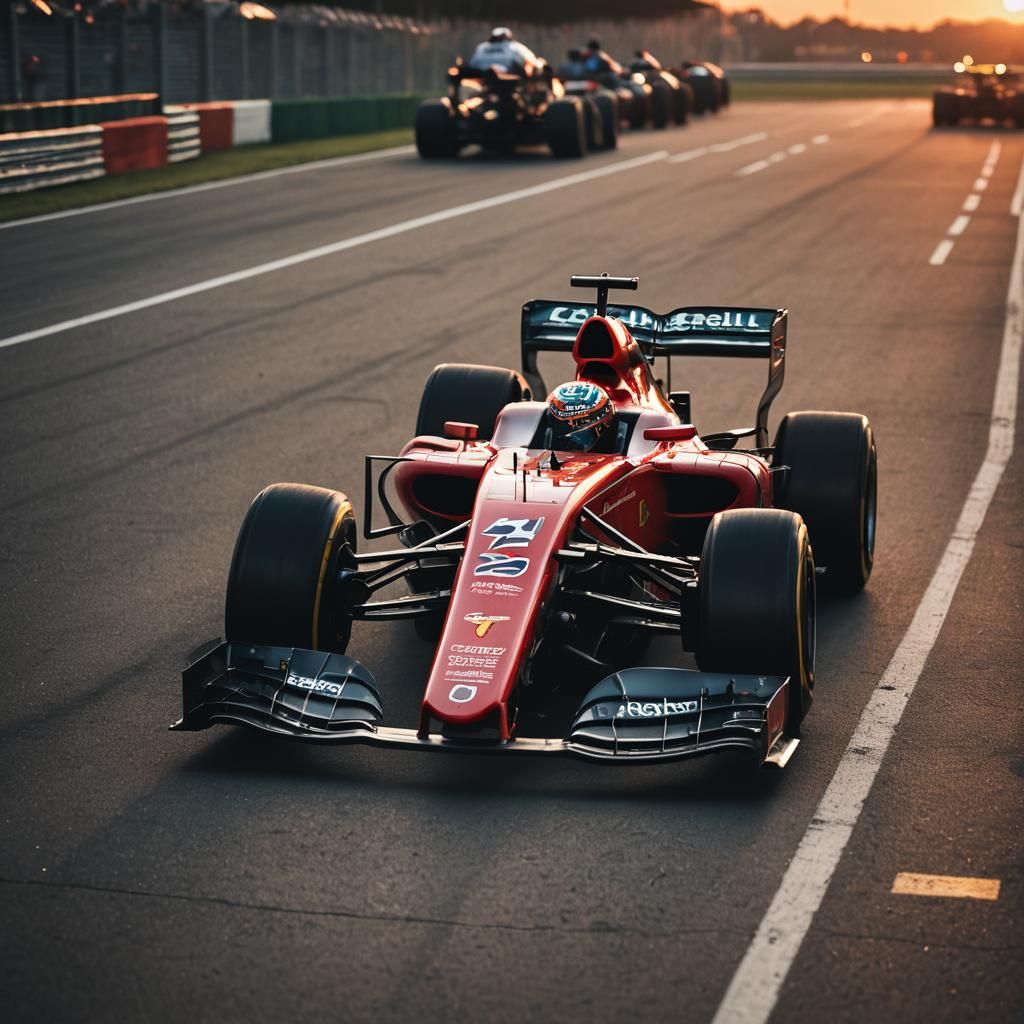 Formula 1 Car at Sunset: Cinematic Film Still