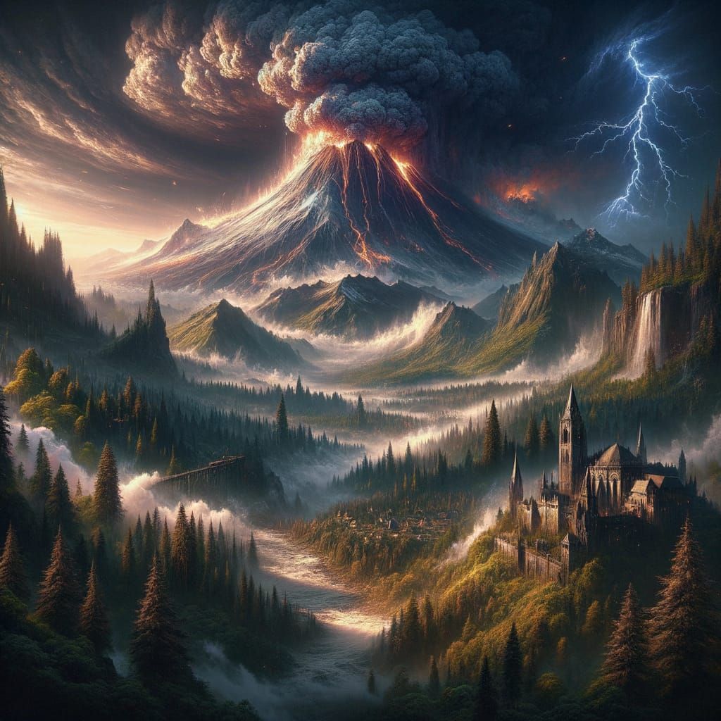Volcanic Eruption Threatens Medieval Town: Fantasy Concept A...