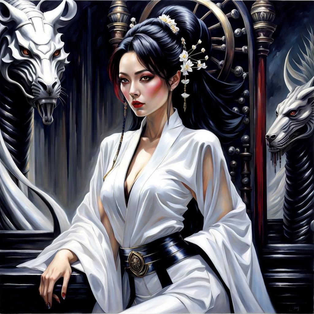 Gothic Japanese Woman in Latex Kimono: Oil Painting