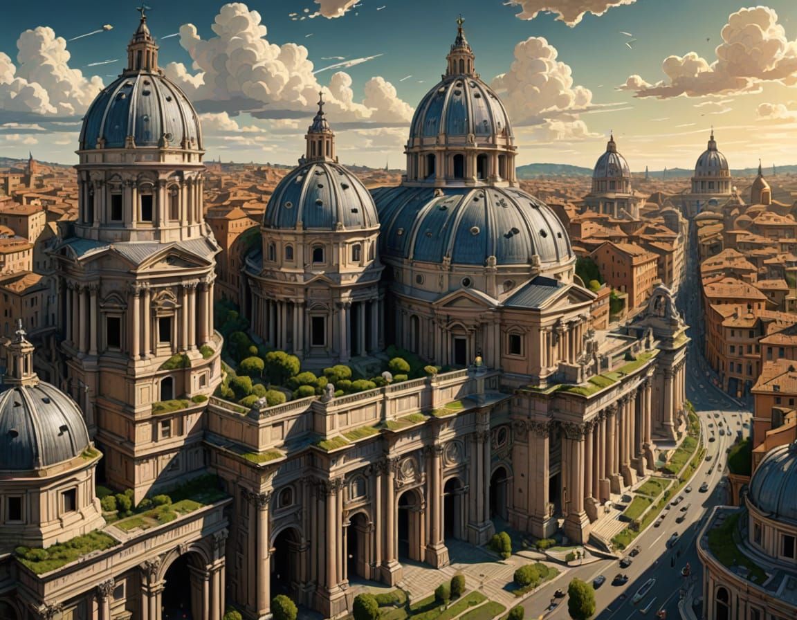Futuristic Rome: Gods Leaving an Art Nouveau City