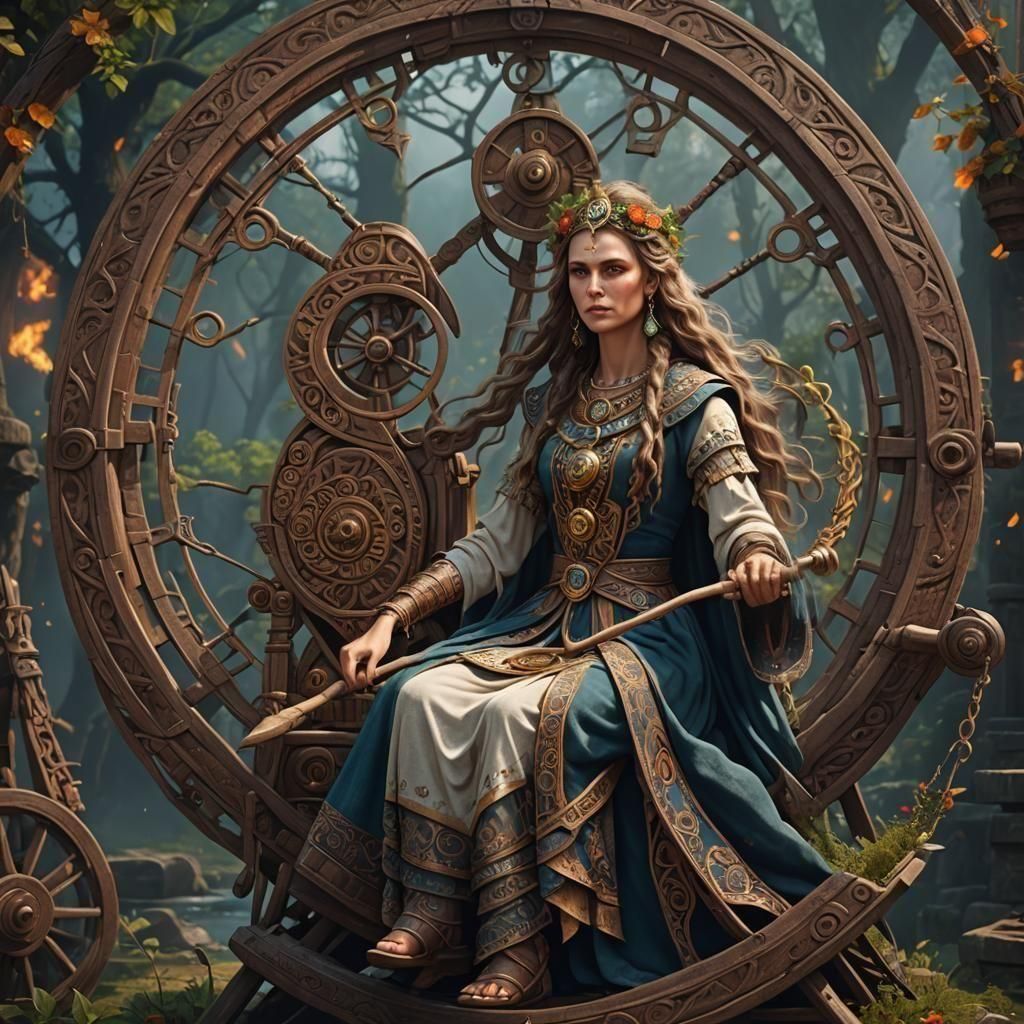 Pagan Slavic Goddess Makosh with Spinning Wheel