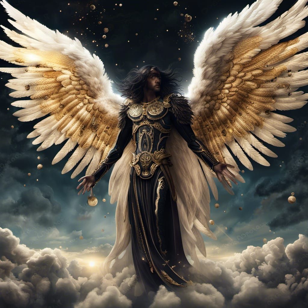 Photorealistic Male Angel with Black Wings in Heaven