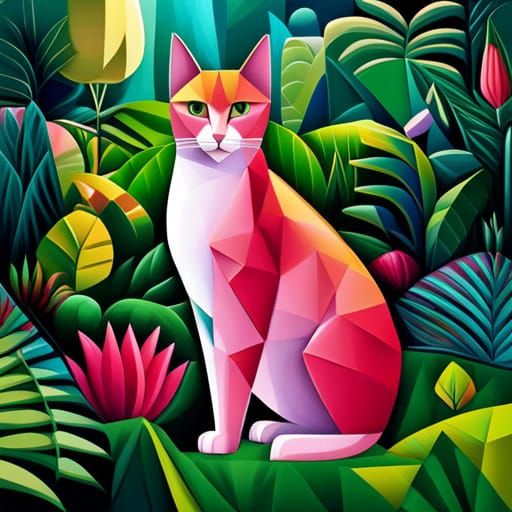 Pink Cat in Cubist Jungle Painting