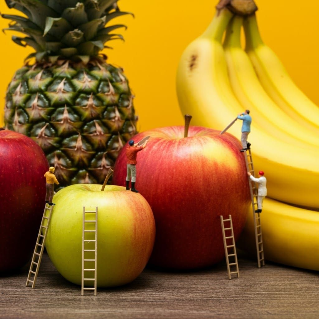 Miniature People Discover Colossal Fruits in Kitchen