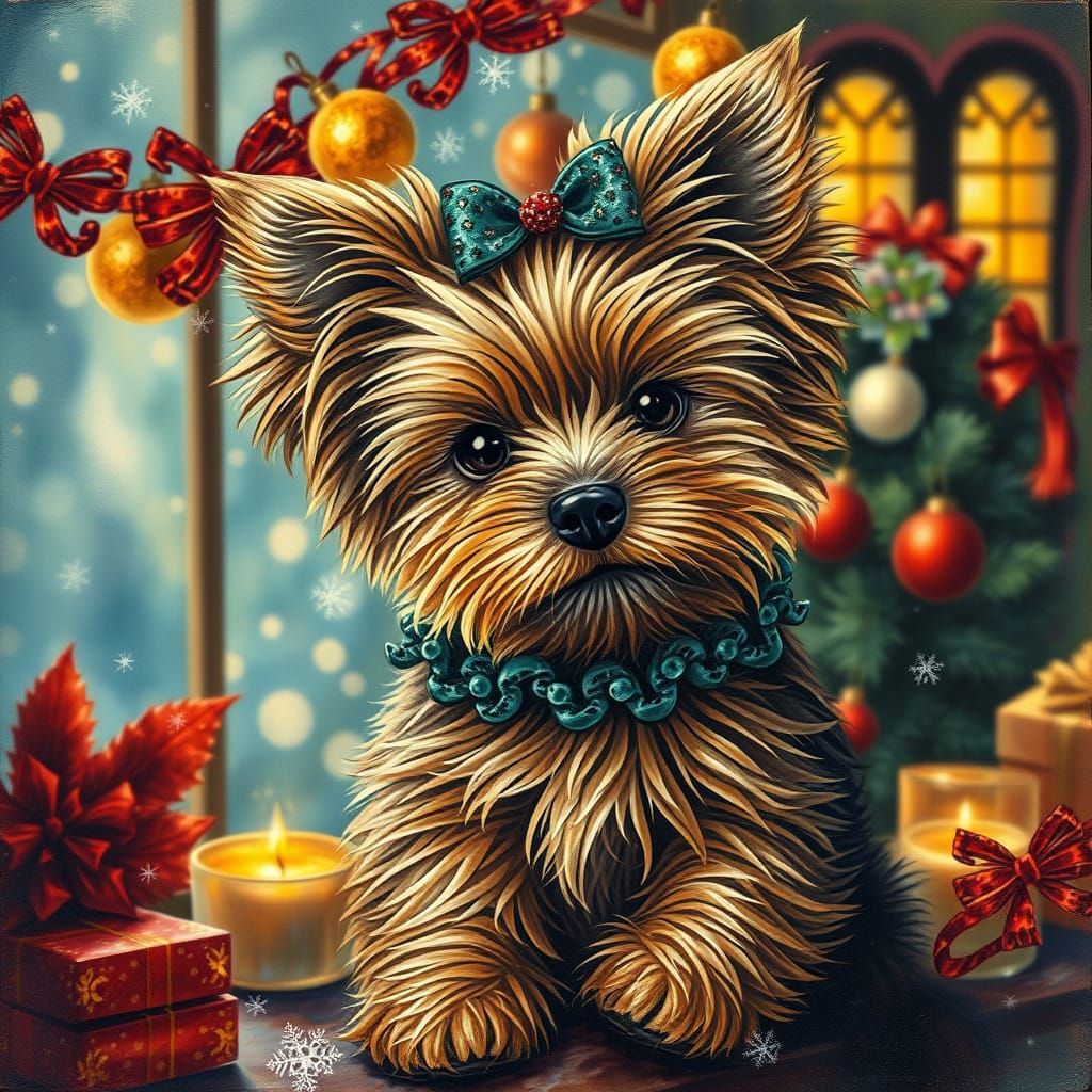 Whimsical Christmas Scene with Yorki Puppy in Vibrant Alcoho...
