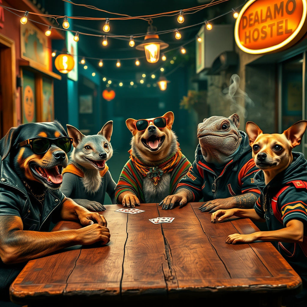 Poker Night at De Alamo Hostel in Hyperrealism Style