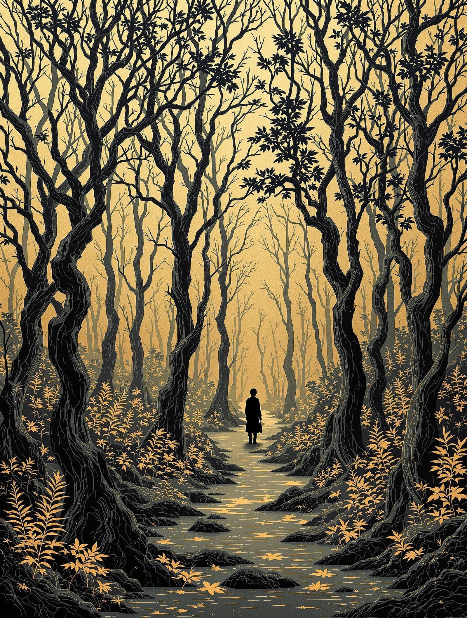 Xiamen Lacquer Line Carving Embodied Sgraffito Gilt-Edged Forest