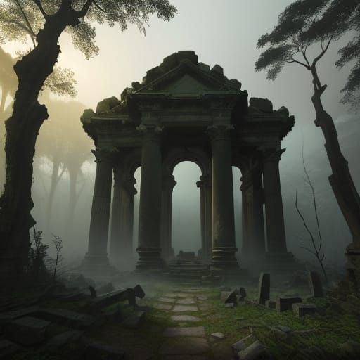 Mystical Ruins at Golden Hour: Fantasy Landscape