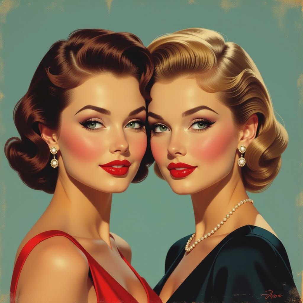 Glamorous Hollywood Twins Portrait in Vintage Poster Style