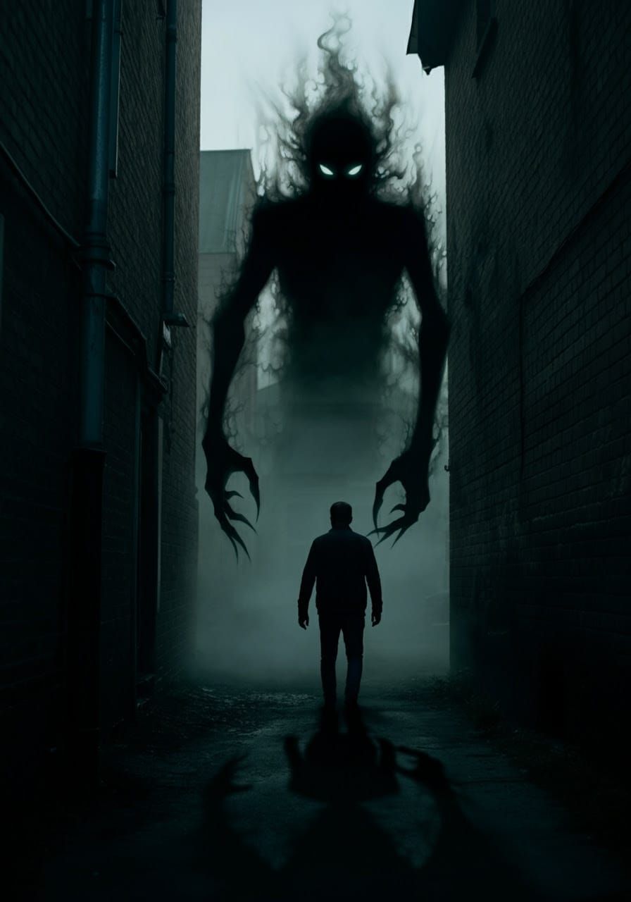 Ominous Shadow Stalks Man in Dark Alley