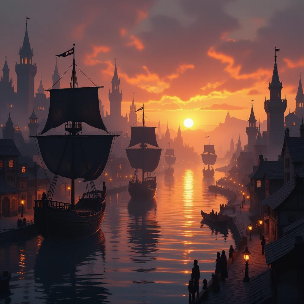 Medieval Port City at Sunset in Gothic Style