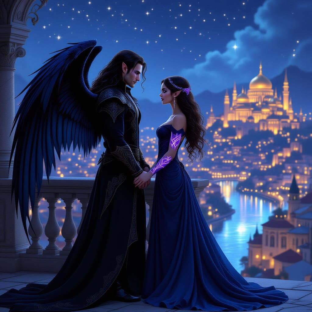 Fae Couple Overlooking Velaris in Cinematic 3D Render