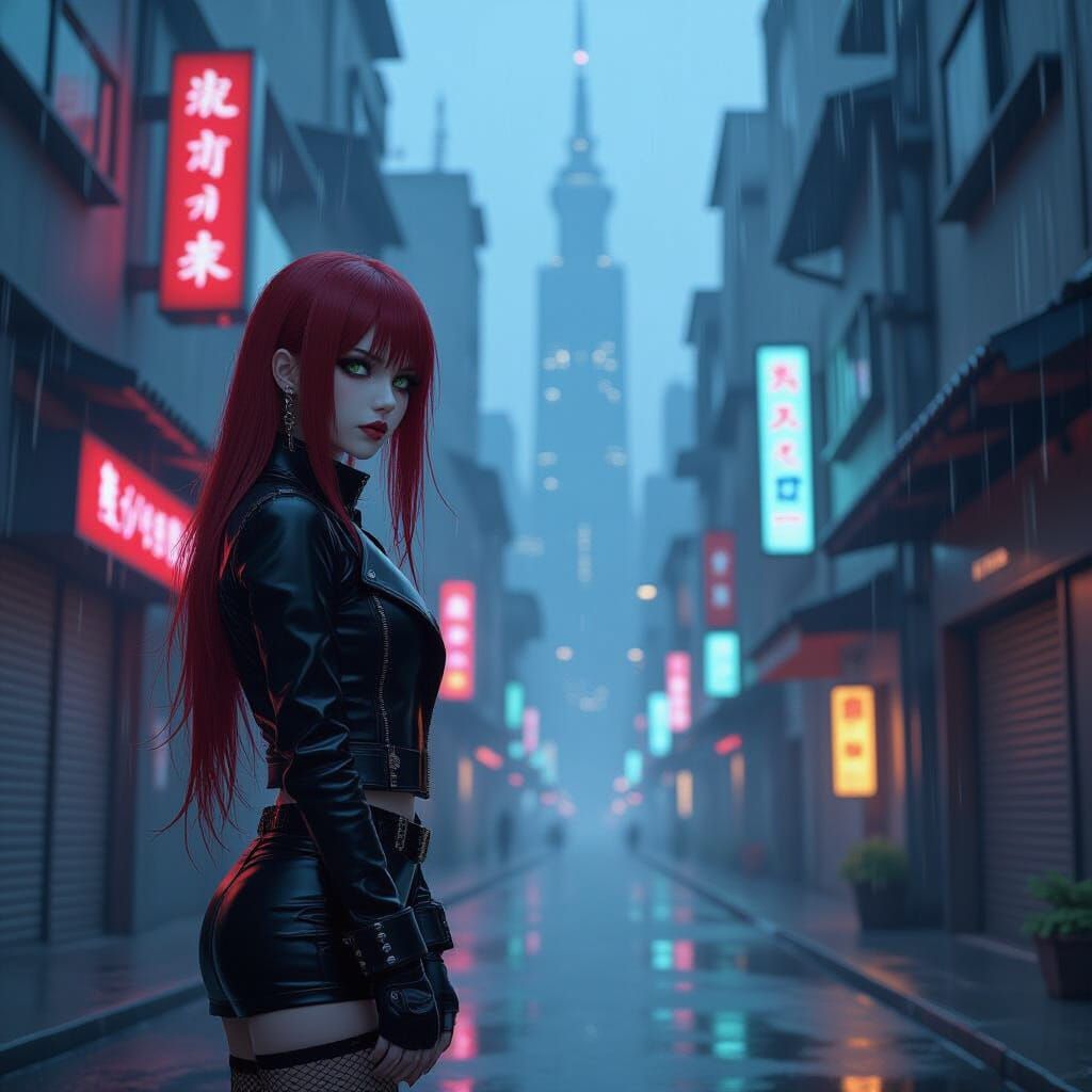 Goth Punk Girl in Cyberpunk Cityscape