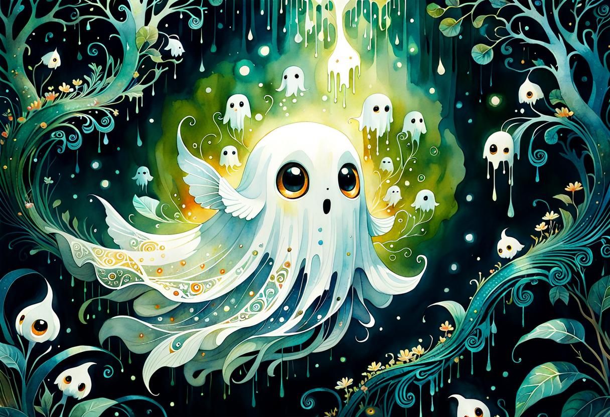 Cute Ghost in Watercolor Painting Style