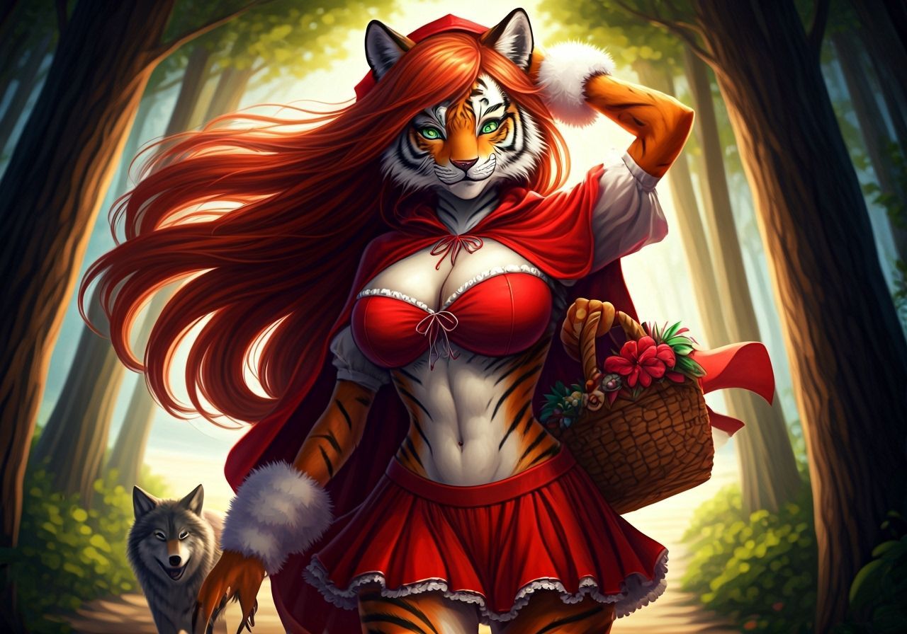 Anthropomorphic Tigress in Little Red Riding Hood Outfit