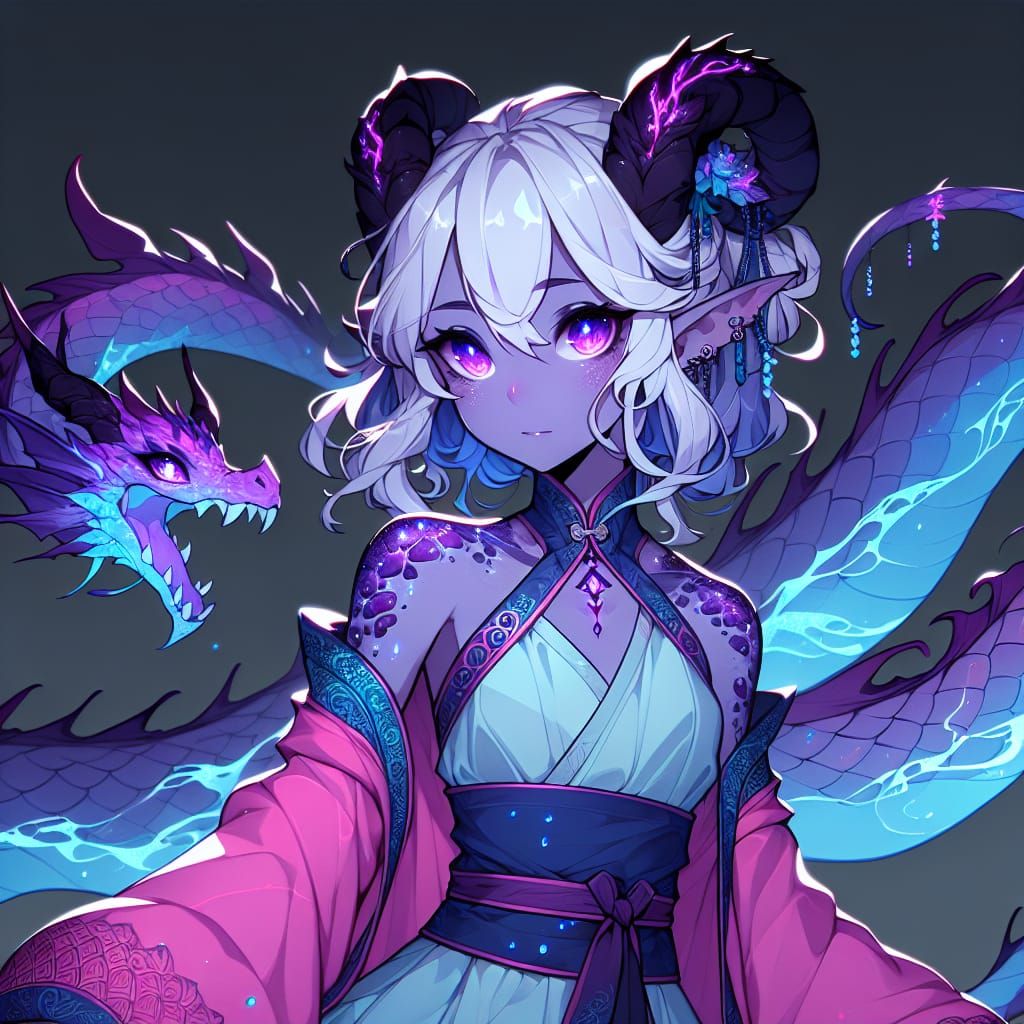 Anime Tiefling Dragon Girl with Bioluminescent Markings