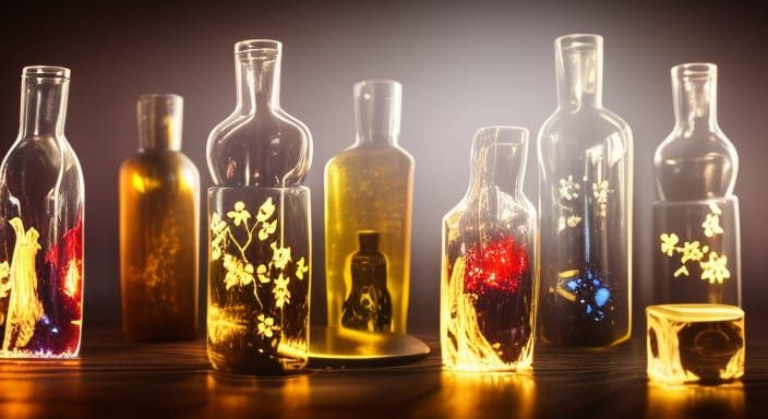 Glowing Potions on Witch's Table, Dark Fantasy Art