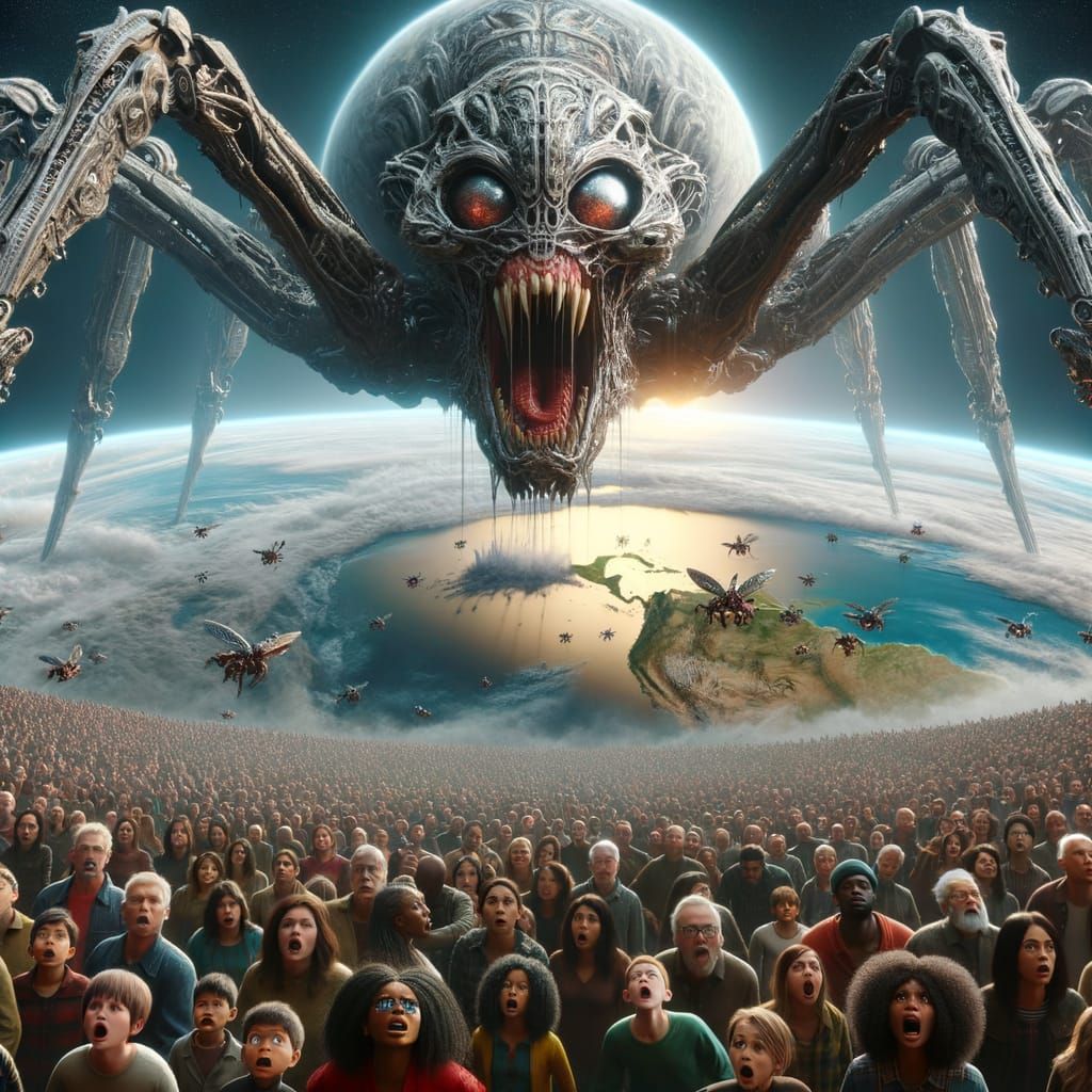 Gigantic Alien Spider Emerges Over Earth in Cyberpunk Horror