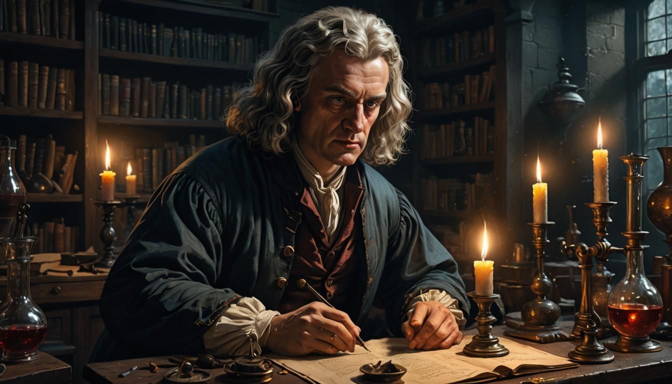 Isaac Newton's Alchemical Lab: Hyperrealistic Concept Art