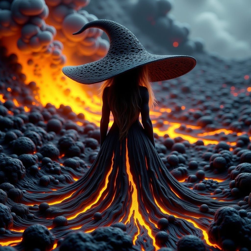 Mystical Lava Witch in Volcanic Landscape
