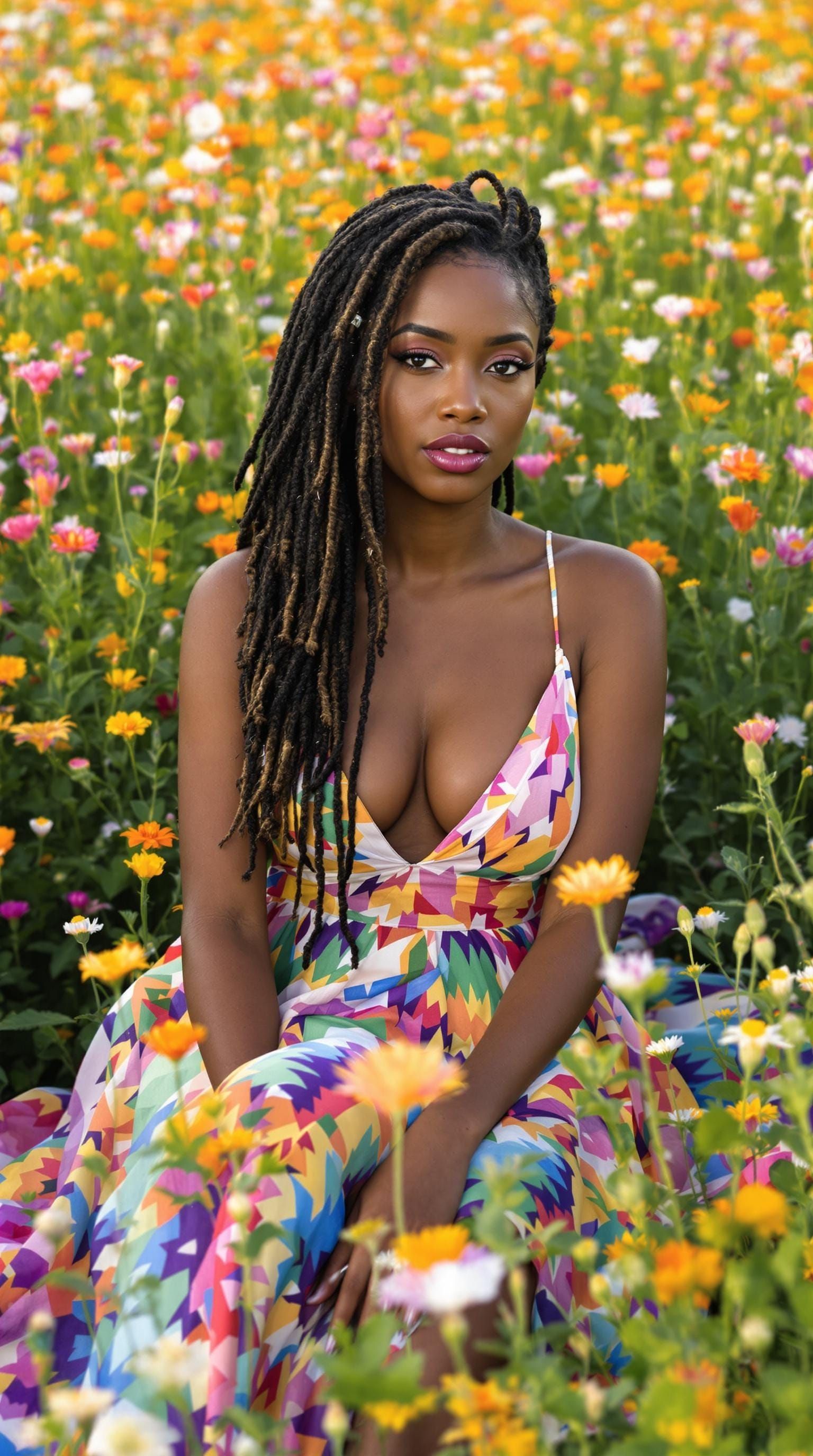Ethereal Goddess in a Field of Vibrant Wildflowers