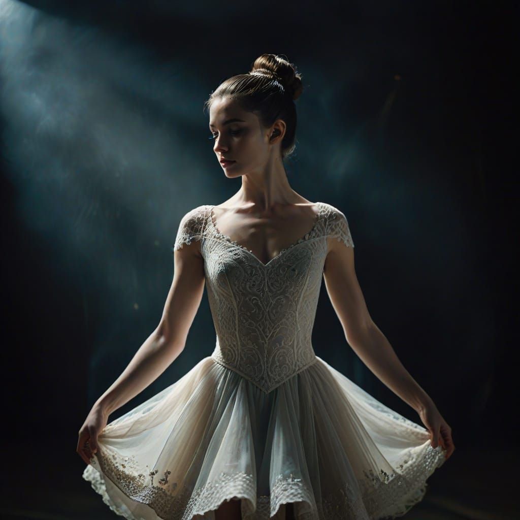 Elegant Ballerina in Dramatic Pose on Stage