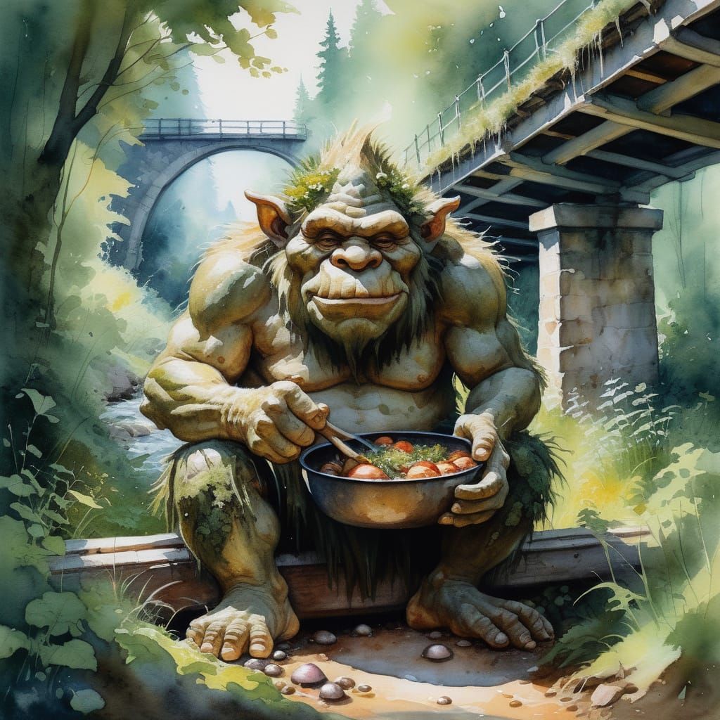 Good-Natured Forest Troll Cooking Mushrooms as Gouache Paint...