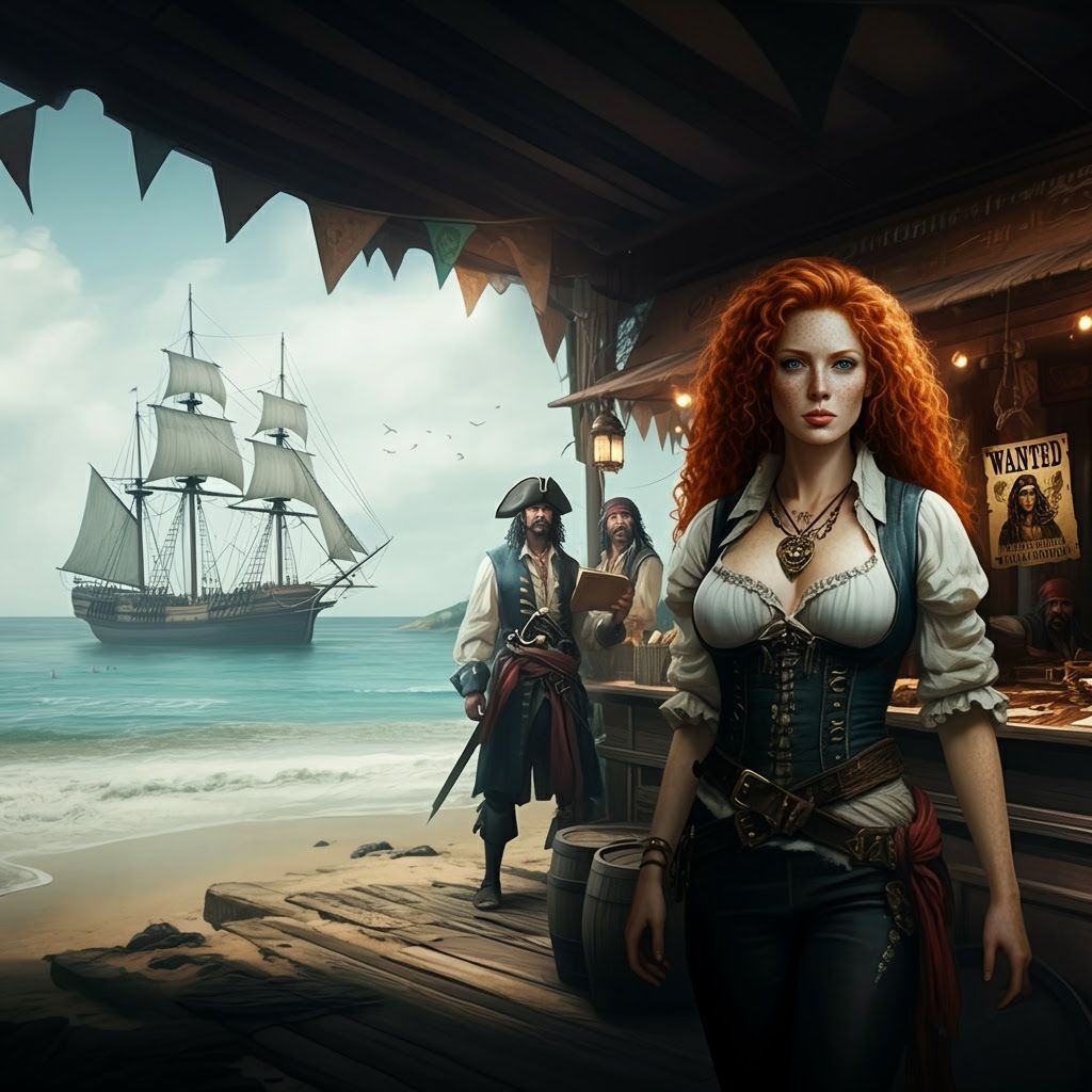 Red-Haired Pirate Captain Hunted on Beach Shop
